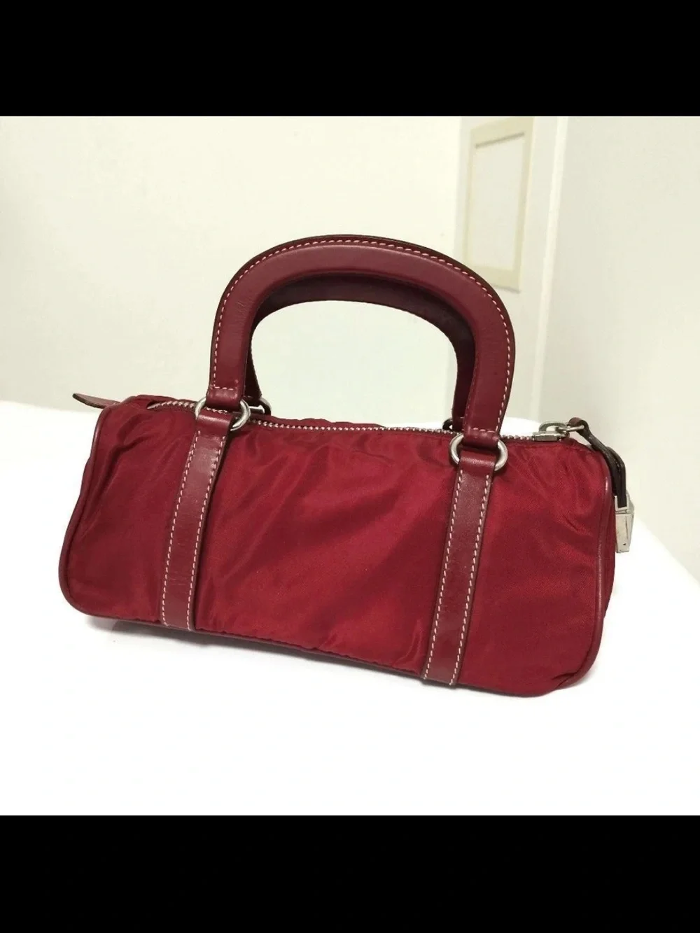 Prada Red Nylon Barrel Satchel with Leather Trim